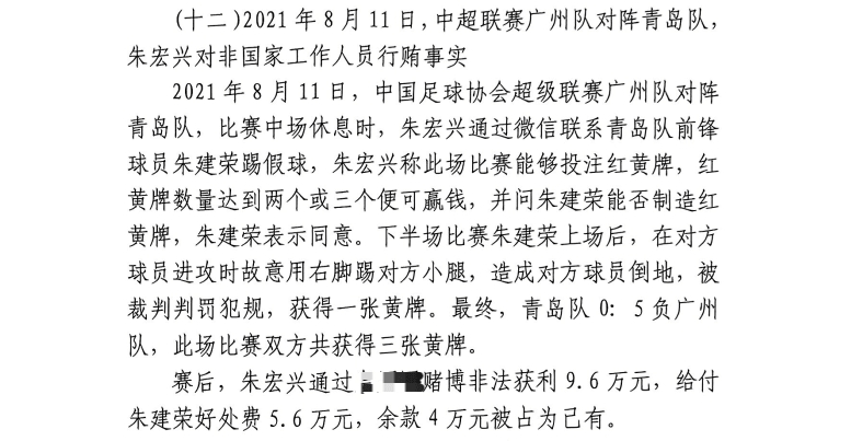 網傳判決書：青島球員朱建榮故意踢對方小腿，染黃收5.6萬好處費