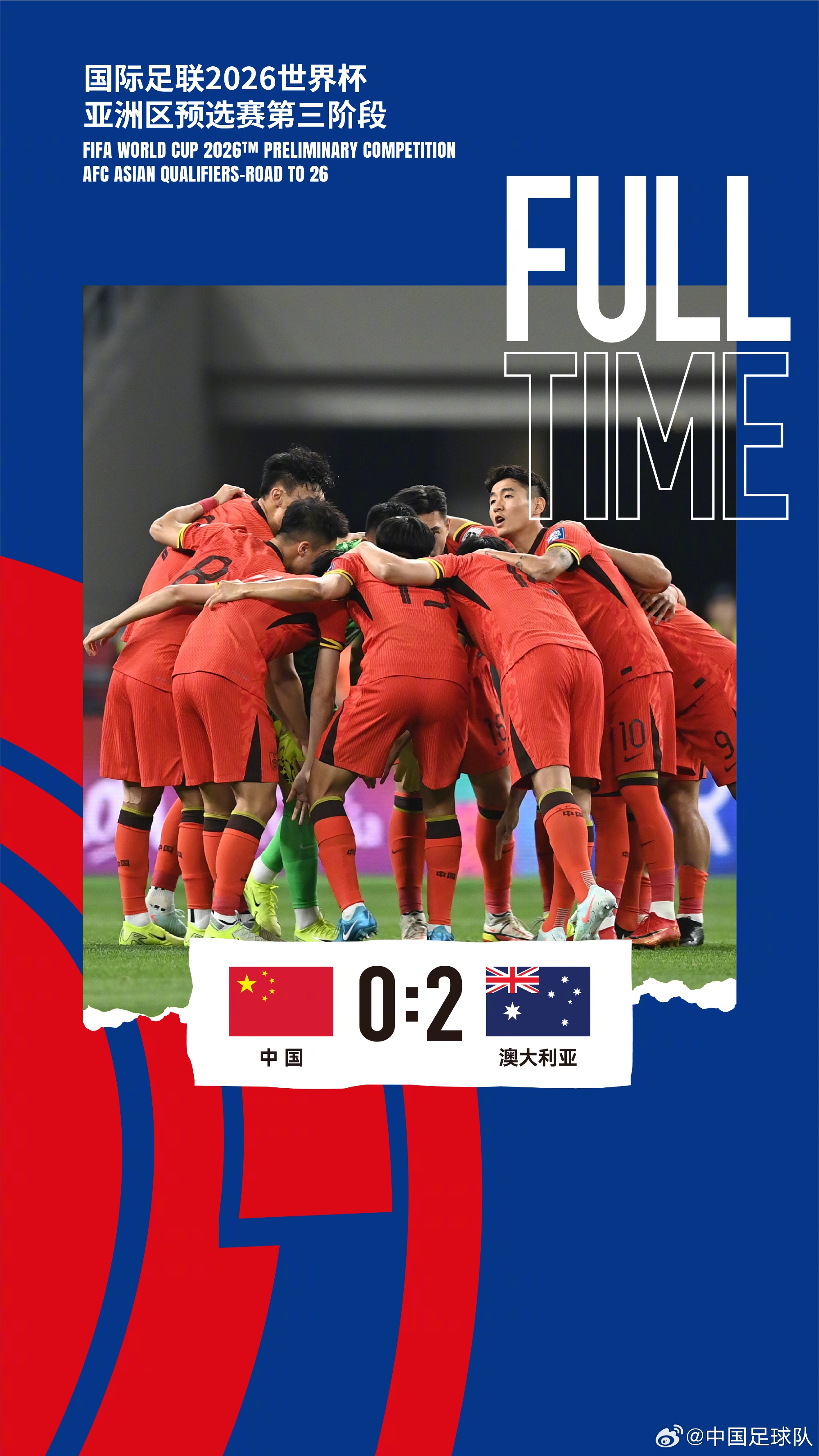 美加墨世界杯亞洲區(qū)預(yù)選賽第三階段第八輪，中國(guó)隊(duì)0-2澳大利亞隊(duì)