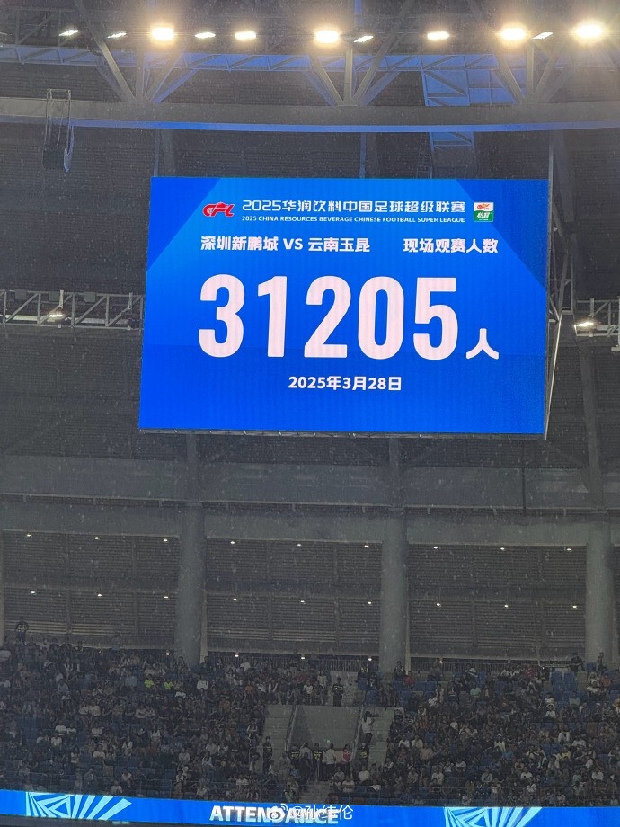 新鵬城新賽季首個(gè)主場(chǎng)現(xiàn)場(chǎng)觀眾31205人，為隊(duì)史最高上座人數(shù)